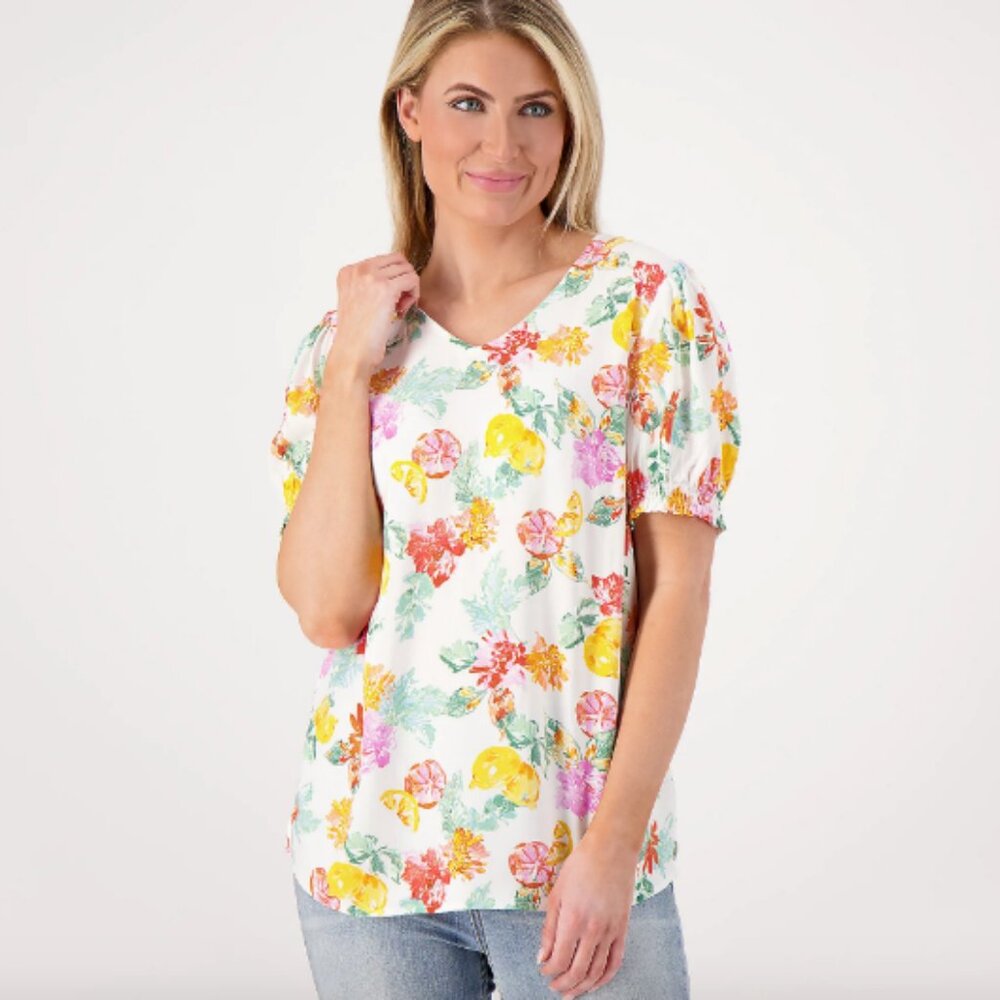 Denim & Co. Printed Blouse with Smocked Sleeve Cuff , White Sz 5X a602890